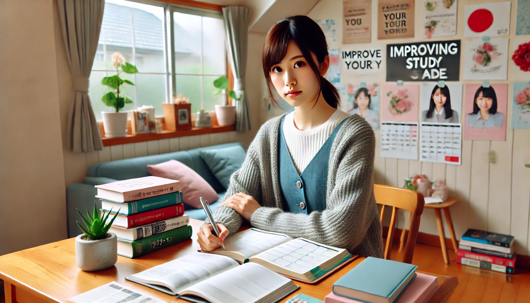 A Japanese student sitting at a desk with a notebook, textbooks, and a calendar, looking determined as they plan their study schedule for improving their grades. The student is focused and ready to take action, with the study space well-organized. The room is bright with motivational posters on the wall and a calm, inspiring atmosphere.