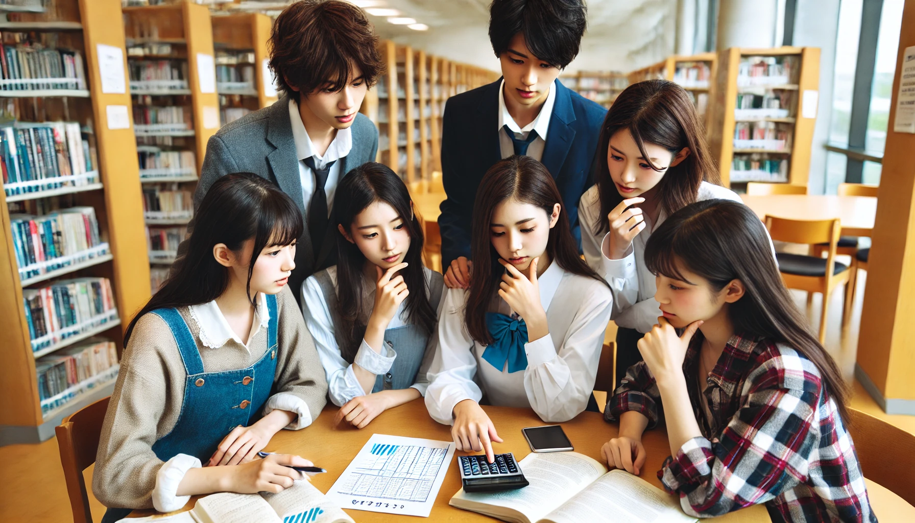 A group of Japanese students gathered around a table, engaged in a discussion about their school grades. They are pointing at a report card and using a calculator, looking curious and interested. The setting is a modern library or study area with shelves of books and a bright atmosphere.