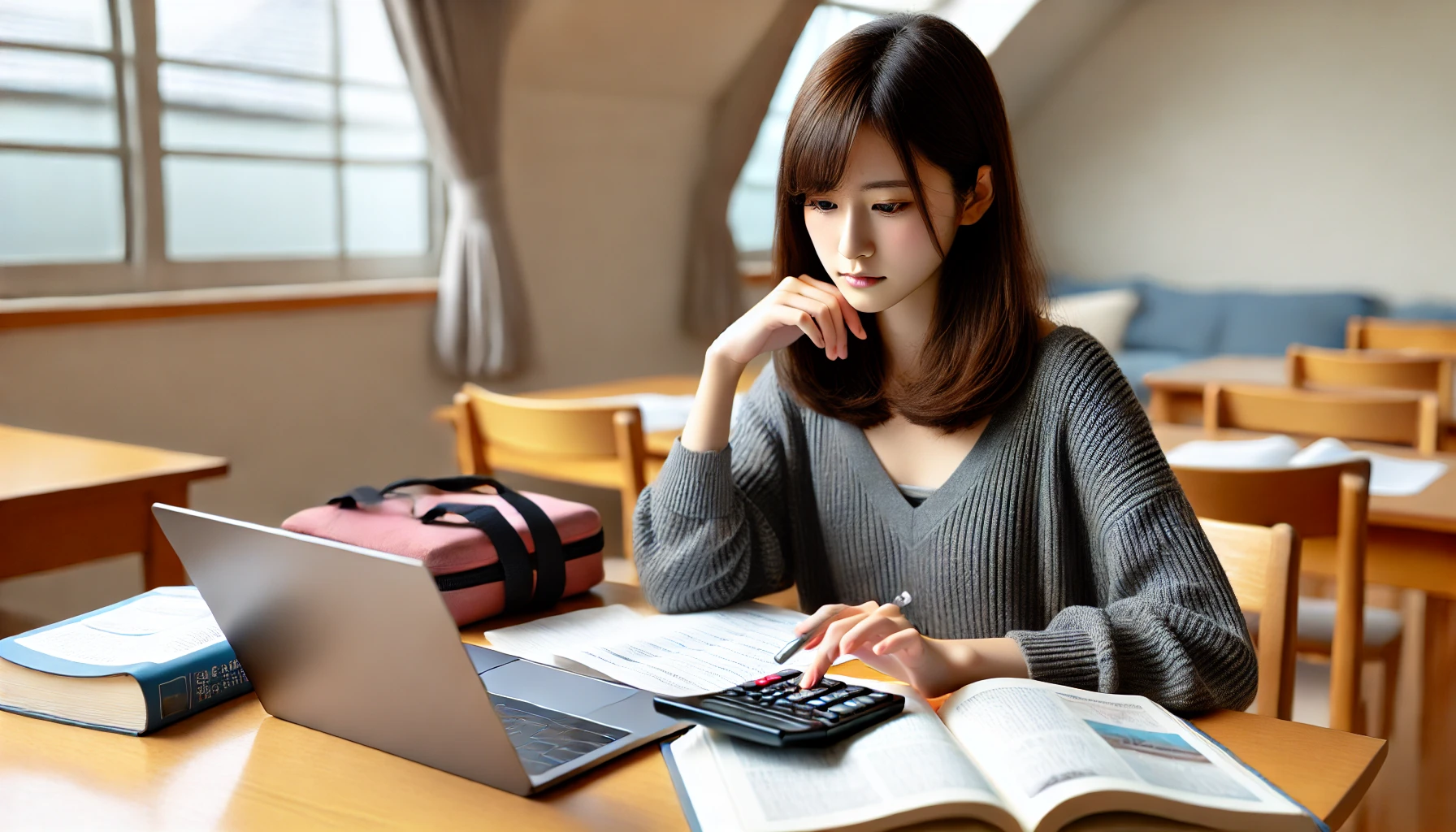 A Japanese high school student sitting at a desk with a laptop and textbooks, calculating their grades. The student looks focused and determined, with papers scattered on the desk and a calculator in hand. The setting is a bright study space, possibly a modern classroom or a home study area with a large window allowing natural light to flood the room.