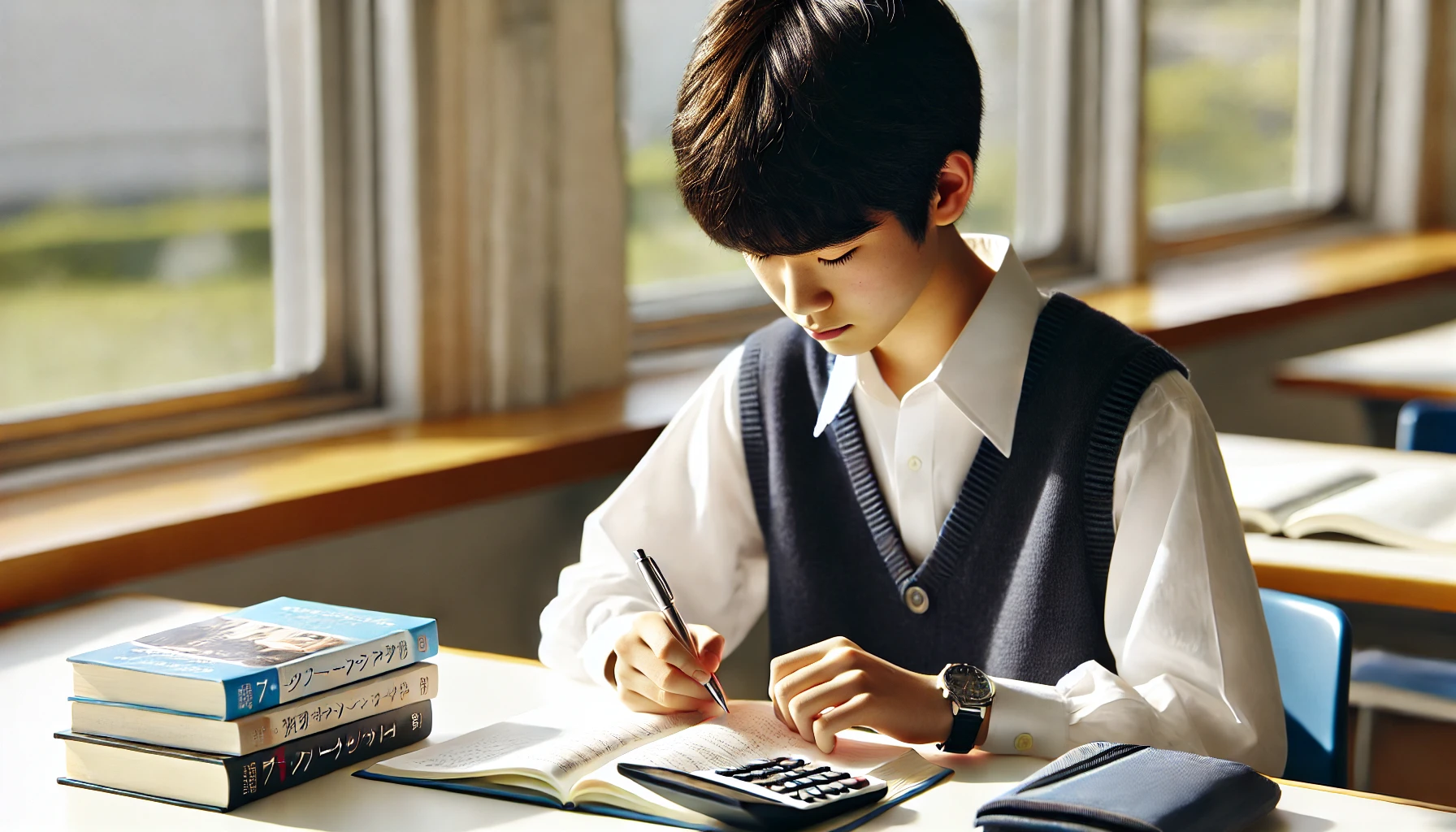 A Japanese middle school student sitting at a desk with textbooks and a calculator, calculating their school grades. The student is focused, with a notepad open, pen in hand, and looking at a school report card. The environment is a clean, bright study space, possibly in a school or a library, with natural lighting coming from a window on the side.