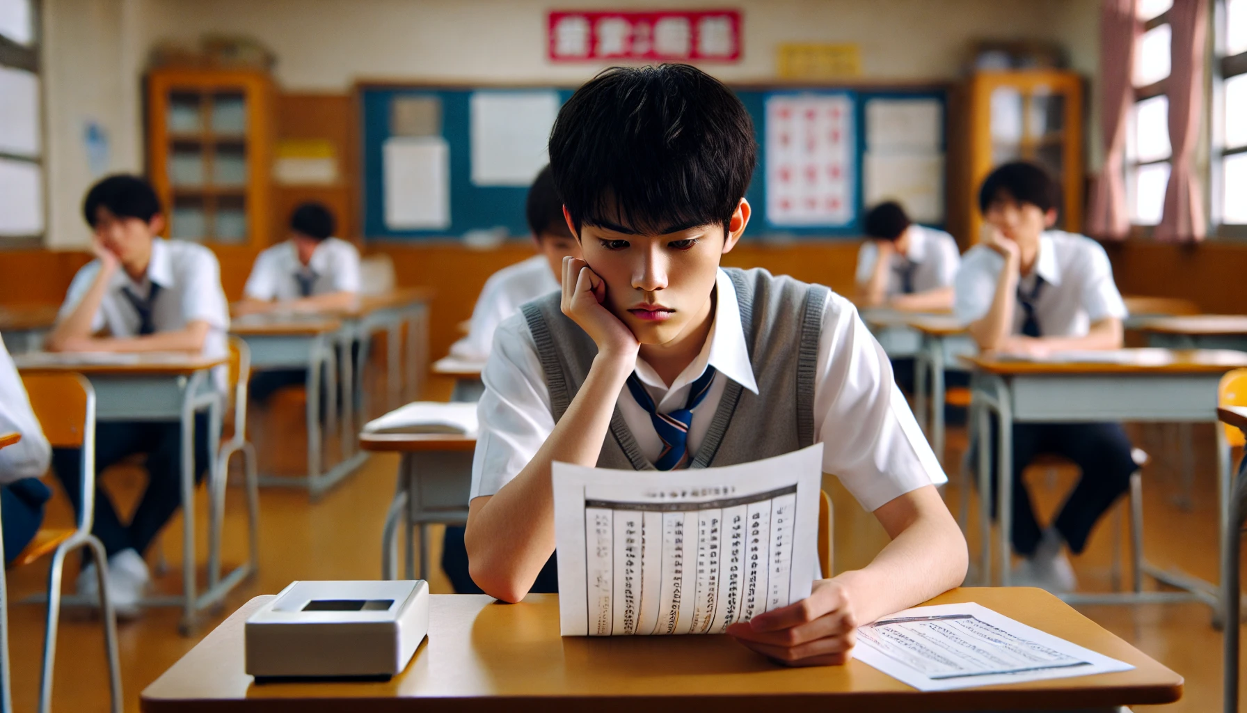 A Japanese high school student sitting at a desk, looking frustrated while staring at a report card or paper showing grades, with a school classroom background. The student appears to be thinking deeply, conveying the feeling of frustration with the educational system. The environment is a typical modern Japanese classroom with desks and chairs.