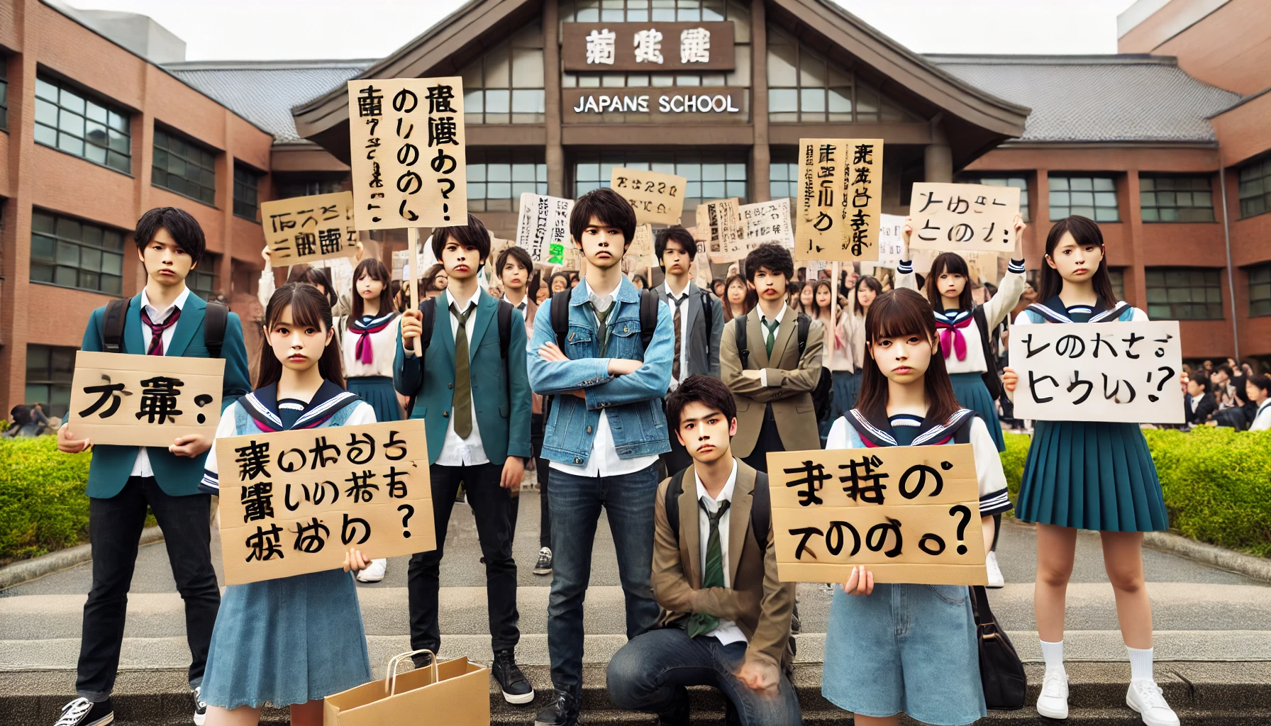 A group of Japanese students protesting with signs outside a school, expressing their dissatisfaction with the education system. The signs should display messages calling for the abolition of the current grading or evaluation system. The students look determined and united, standing in front of a modern Japanese school building.