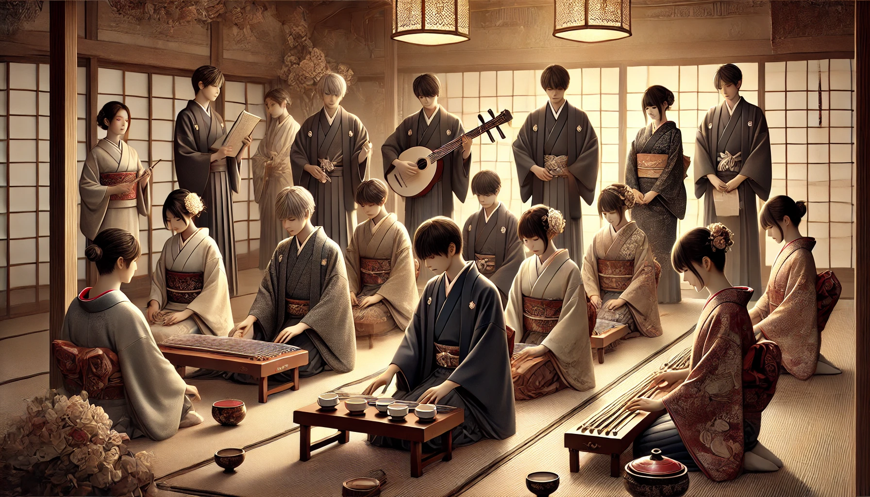 A scene of a traditional Japanese cultural event with students performing Japanese tea ceremony or playing koto in a refined setting. The students are dressed in traditional attire and the atmosphere is serene and elegant, reflecting the deep respect for Japanese heritage and tradition.