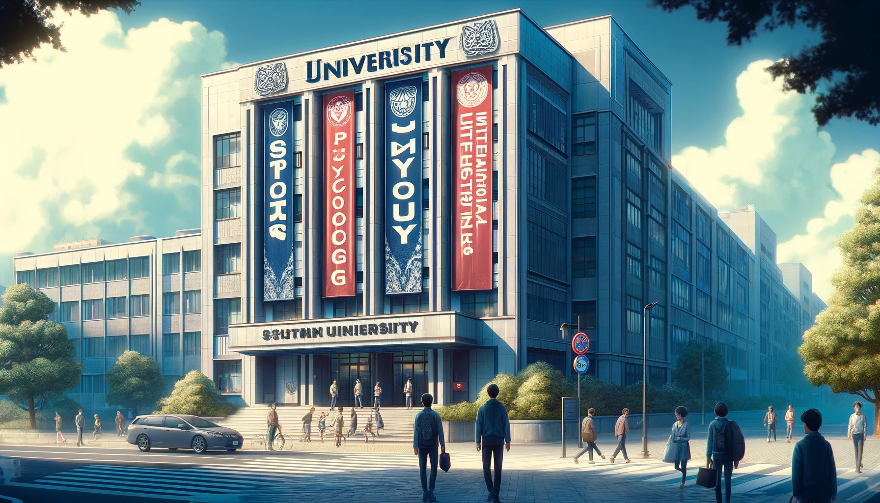 A prestigious university known for its strong academic departments in sports, psychology, and international studies. The image shows a university building with banners displaying the words 'Sports,' 'Psychology,' and 'International Studies' in a sleek, modern design. The scene highlights the high academic reputation of these departments, with students walking across a well-maintained campus. A research center and students engaging in discussions are in the background. Japanese students are present in the image. Horizontal (16:9).