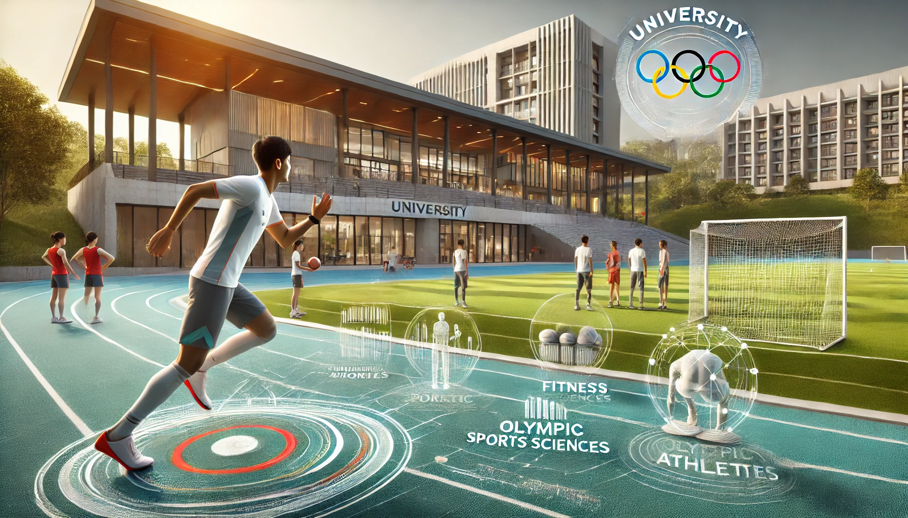 A modern university campus focused on sports sciences, showing a state-of-the-art sports facility with athletes training and practicing various sports. Highlight a dynamic atmosphere with an Olympic athlete practicing in the foreground. Include a well-maintained track, fitness areas, and university branding that indicates the emphasis on athletic achievements. This university has a reputation for producing Olympic athletes. The setting should be clean, vibrant, and professional. Include Japanese students and a backdrop of university buildings. Horizontal (16:9).