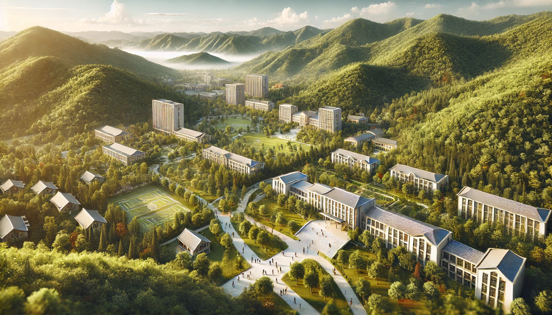 A university located in a scenic, mountainous region with lush greenery and a natural environment. The campus is surrounded by hills and forests, offering picturesque views of the landscape. The image shows university buildings nestled among trees, with walking paths and students enjoying the serene, peaceful atmosphere.