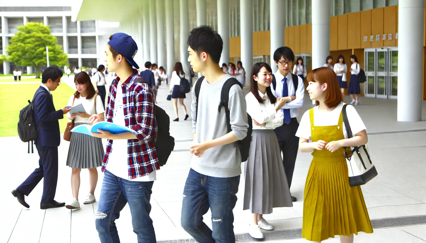 A group of students attending a prestigious university in the Kansai region. They are actively engaged in their academic and social life, representing the high academic standards and student engagement of the institution. The setting shows modern campus facilities, with students studying, walking, and enjoying university life in a vibrant and intellectual environment. The students should be Japanese, reflecting the local culture.