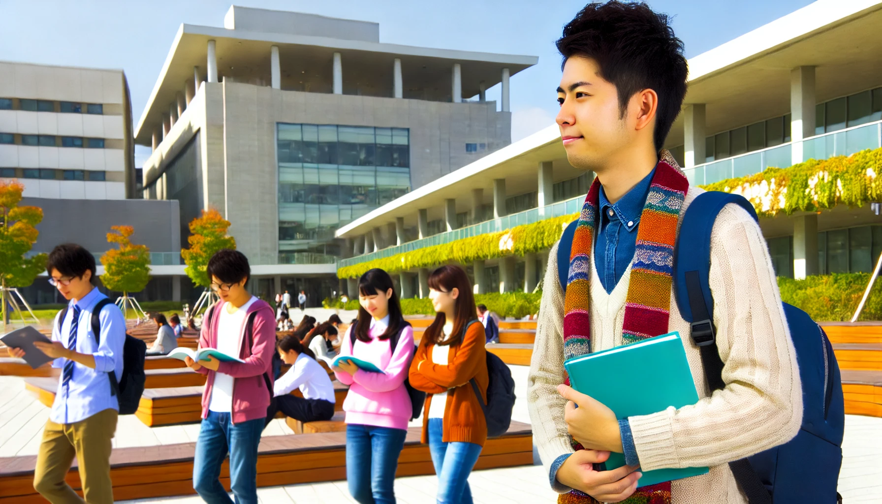 A group of students attending a prestigious university in the Kansai region. They are actively engaged in their academic and social life, representing the high academic standards and student engagement of the institution. The setting shows modern campus facilities, with students studying, walking, and enjoying university life in a vibrant and intellectual environment. The students should be Japanese, reflecting the local culture.