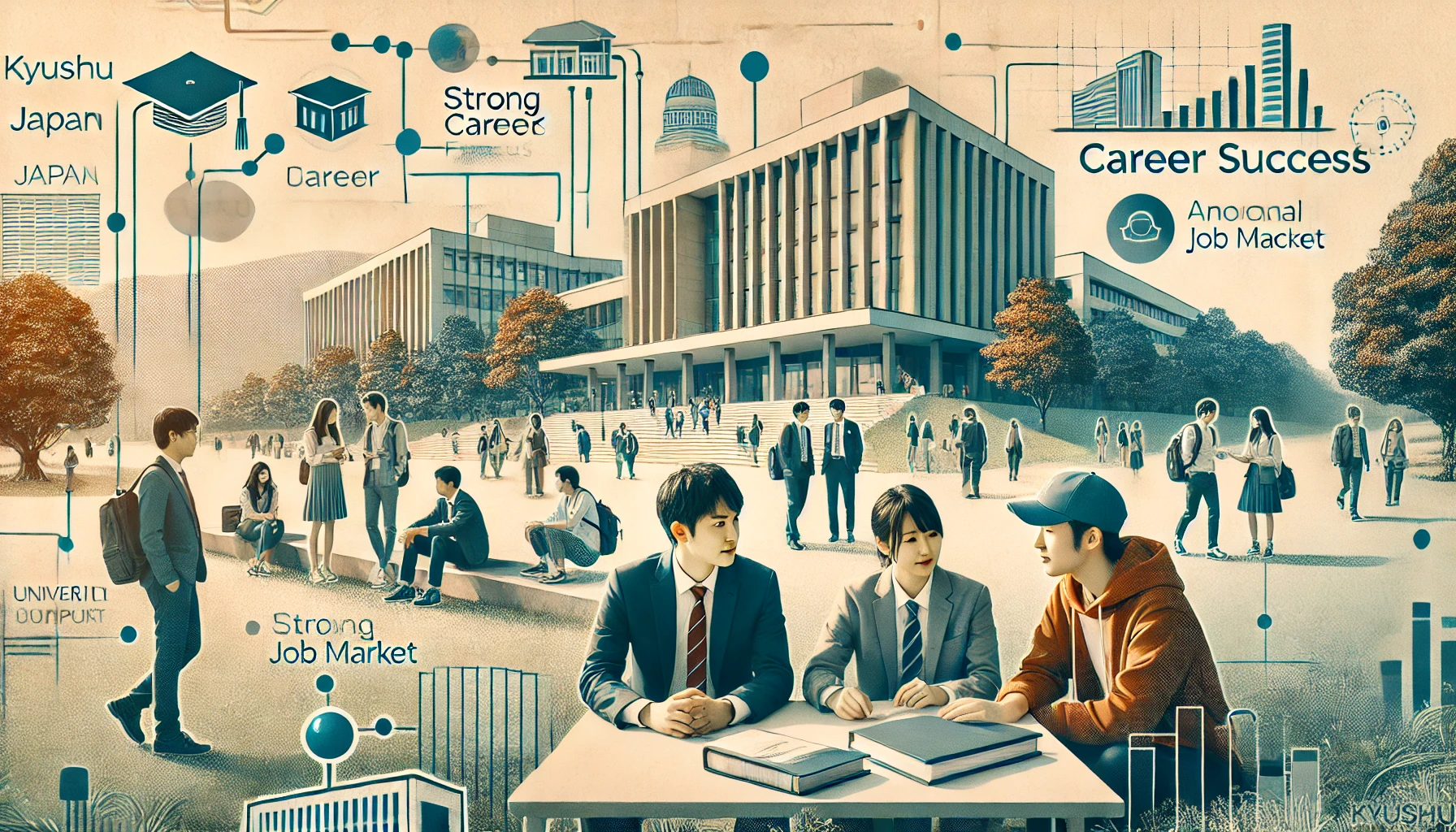 A university campus in Kyushu, Japan, showing students interacting in a natural setting. The scene emphasizes a strong career-focused environment with students engaging in discussions about their futures, possibly near a university building with a modern design. There is a feeling of ambition, growth, and career success with subtle elements suggesting a strong local job market and connections to regional companies.