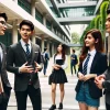 A group of university students in a modern campus setting, dressed in professional attire, discussing their future careers. The focus is on their achievements, with an atmosphere that reflects preparation for prestigious jobs in major companies or government positions. The background shows a well-maintained university environment with trees and walkways, symbolizing opportunities and growth.