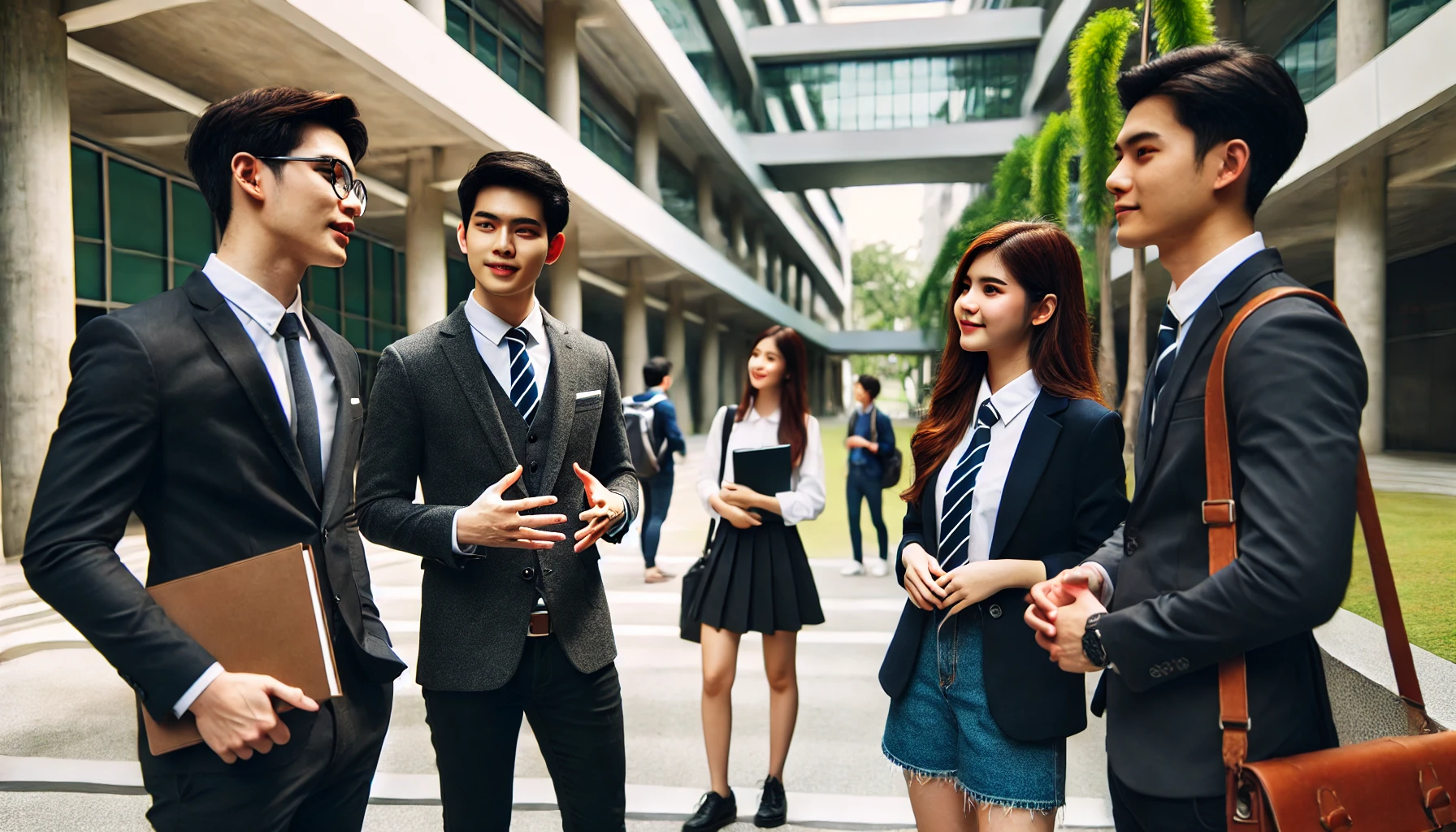 A group of university students in a modern campus setting, dressed in professional attire, discussing their future careers. The focus is on their achievements, with an atmosphere that reflects preparation for prestigious jobs in major companies or government positions. The background shows a well-maintained university environment with trees and walkways, symbolizing opportunities and growth.