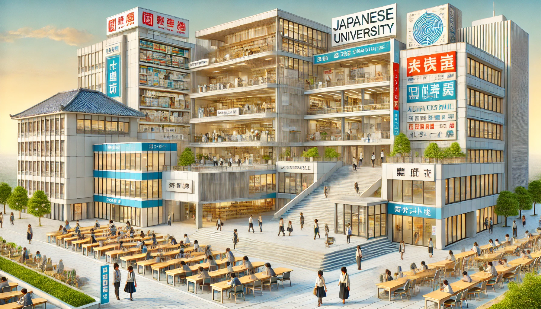 A modern Japanese university campus offering diverse academic programs and a flexible curriculum. The image should depict a dynamic academic environment with various educational buildings, students attending lectures, and signs of multiple disciplines. The setting should be clean, organized, and reflect an advanced educational system. The campus should have a mix of traditional and modern architecture, with signage indicating different specialized academic groups or departments. Japanese students are visible, engaging in their studies, creating an atmosphere of learning and academic freedom.