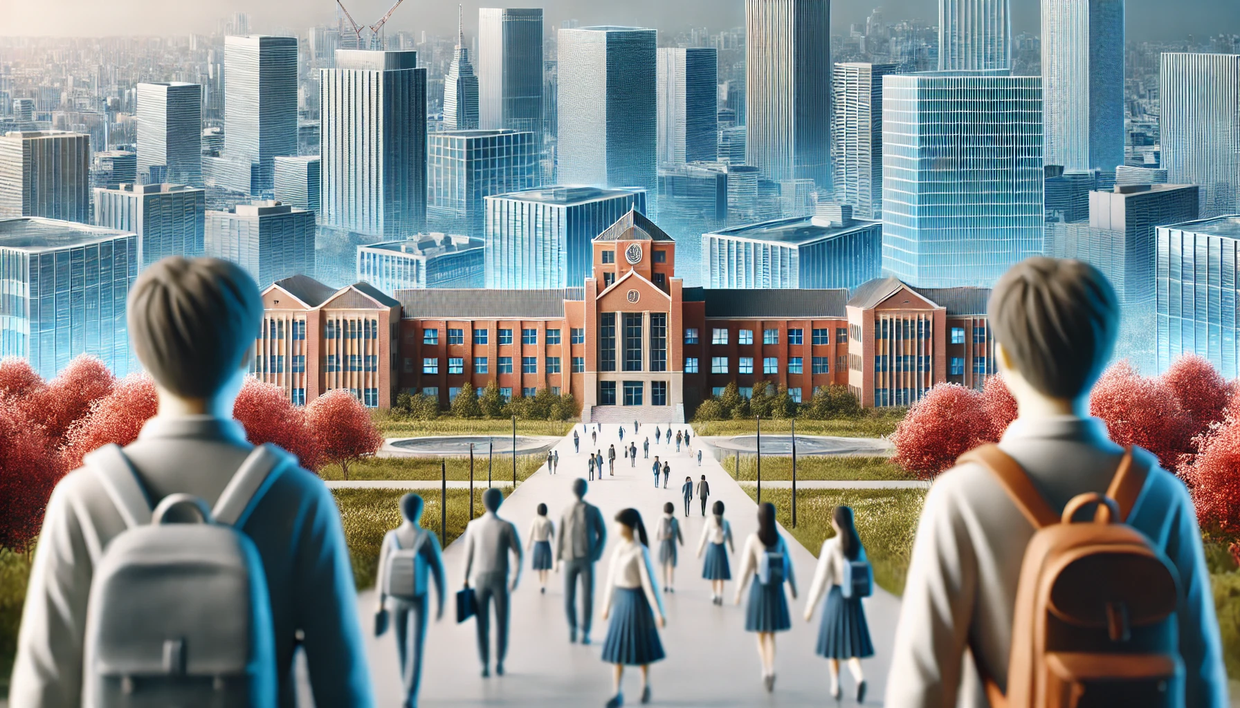 A university campus with Japanese students walking in the background, symbolizing a university that has high employment rates but lower recognition in major cities like Tokyo and Osaka. The image represents a balance between local strength in Kyushu and nationwide job opportunities, with modern buildings and a sense of academic focus.