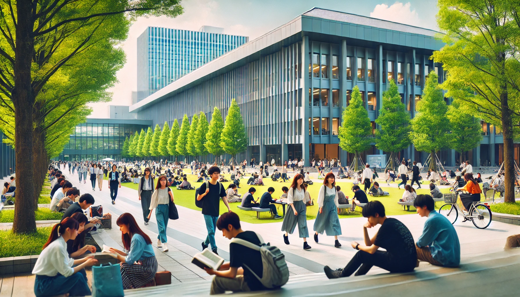 A vibrant campus scene at a top private university in Nagoya, Japan, showing students actively involved in their daily routines. The focus is on students who are attending this prestigious university, particularly those studying foreign languages. They are walking through the green campus or sitting on benches, engaged in conversations or reading books. The atmosphere is lively yet peaceful, with modern buildings in the background.