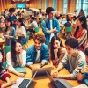 A vibrant scene of students at a top private university in Nagoya, Japan, particularly those studying in the renowned foreign language department. The image captures students from diverse backgrounds actively engaging in language practice and group discussions. They are gathered in a well-lit modern library or study room with bookshelves and laptops. The students are casually dressed and focused, reflecting the academic spirit of the university.