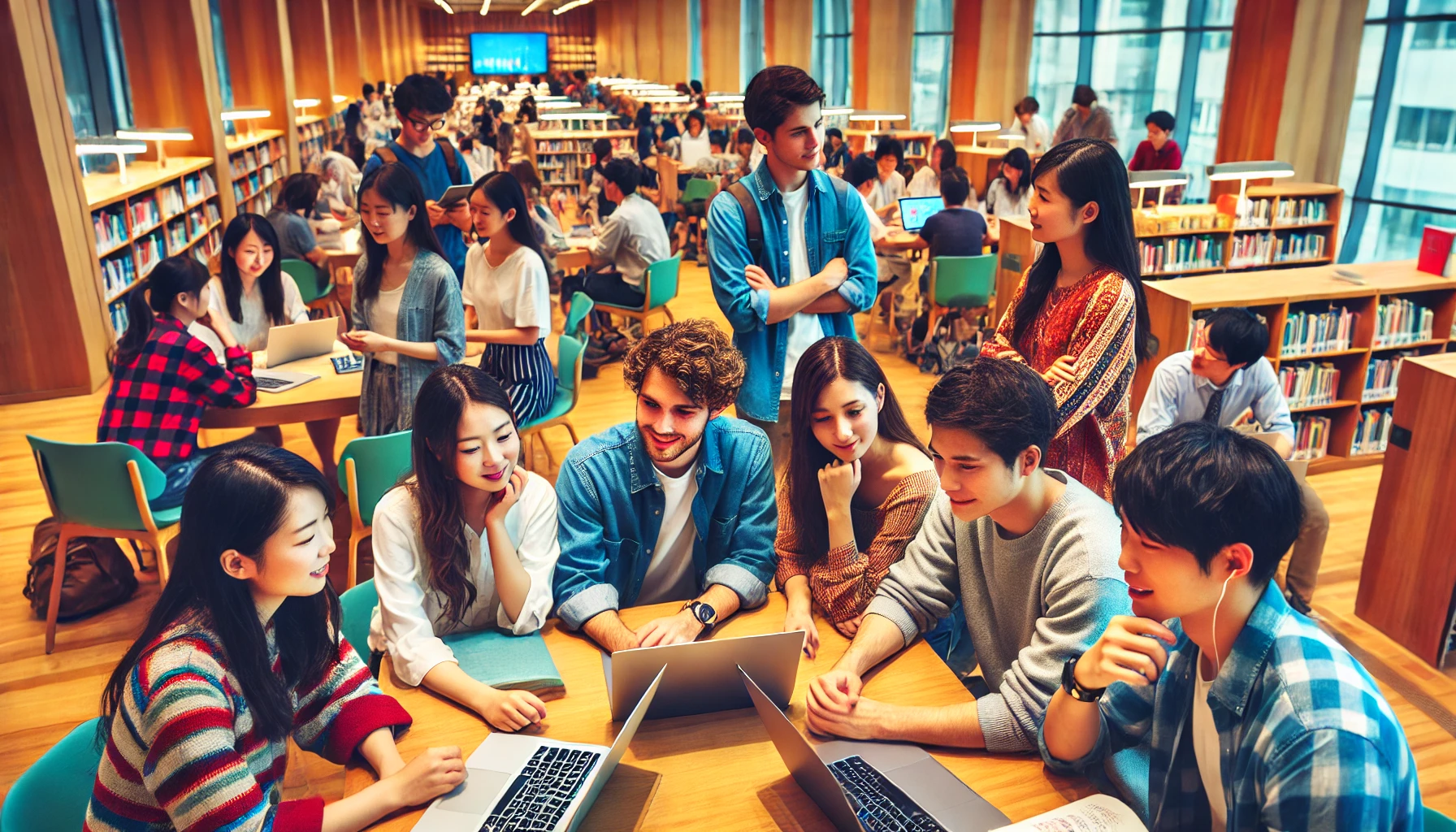 A vibrant scene of students at a top private university in Nagoya, Japan, particularly those studying in the renowned foreign language department. The image captures students from diverse backgrounds actively engaging in language practice and group discussions. They are gathered in a well-lit modern library or study room with bookshelves and laptops. The students are casually dressed and focused, reflecting the academic spirit of the university.