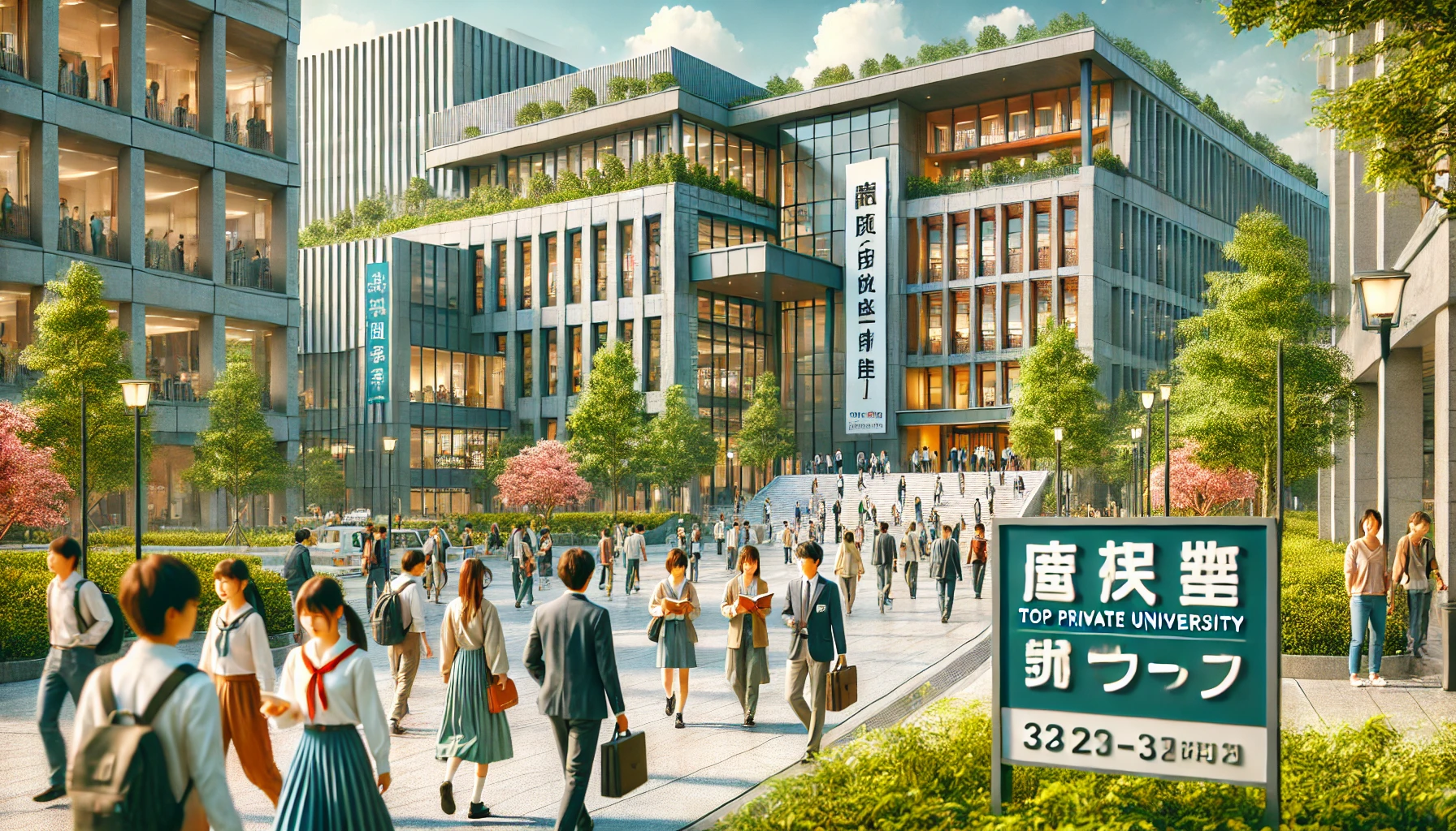 A vibrant campus scene of a top private university in Nagoya, Japan, with a focus on its renowned foreign language department. The scene includes modern academic buildings surrounded by greenery, with students walking and interacting, some holding books. Japanese signage subtly indicates it's a prestigious university. The atmosphere is dynamic and studious.