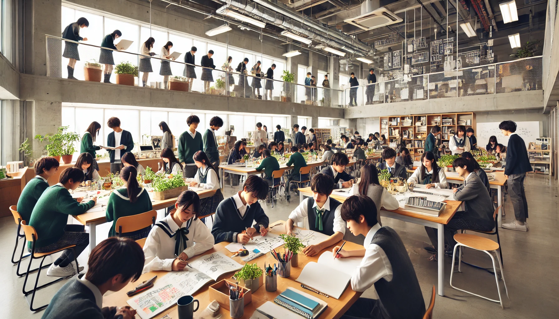 A group of Japanese high school students working on creative projects and engaging in classroom discussions, reflecting a supportive environment that allows them to express their individuality and develop their talents. The classroom is modern with creative tools and open spaces, where students can freely collaborate and grow.