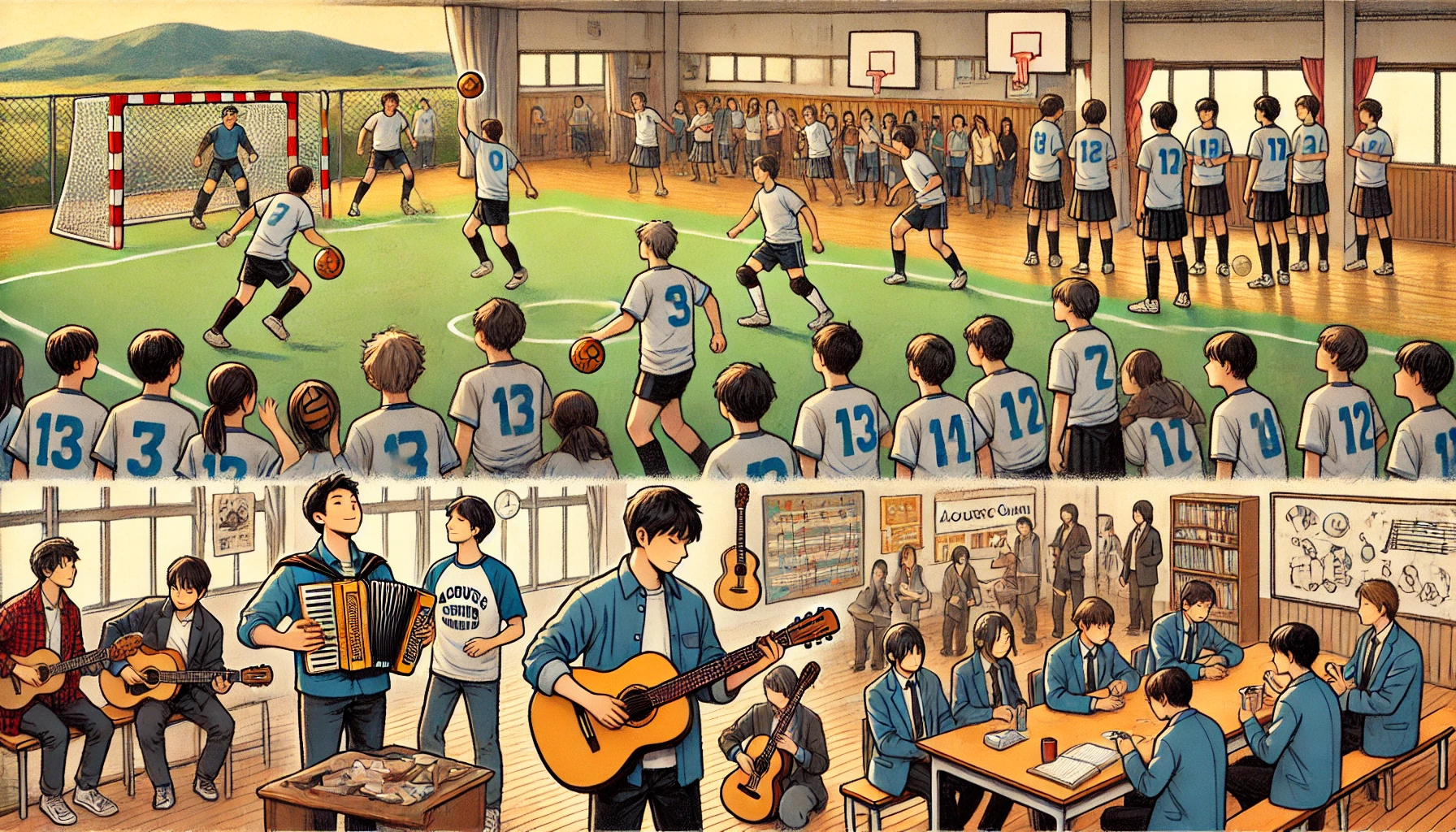 A scene at a Japanese high school where students are engaged in both athletic and cultural activities. Some students are practicing sports like handball on the field, while others are involved in cultural clubs like the acoustic guitar club indoors. The energy and teamwork of the students are evident as they prepare for competitions and events.