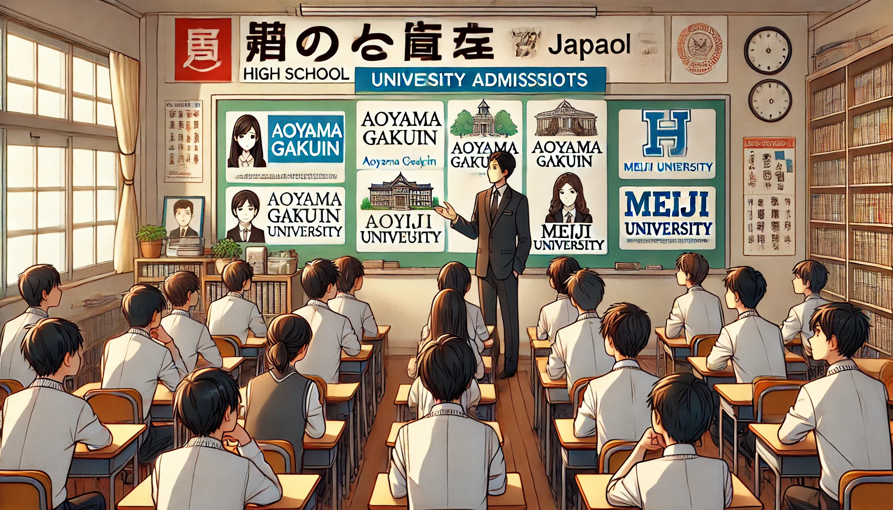 A high school in Japan known for its high rate of students being accepted into prestigious private universities. A classroom setting with students attentively listening to a teacher explaining about university admissions, with posters and banners highlighting university names like Aoyama Gakuin and Meiji University.