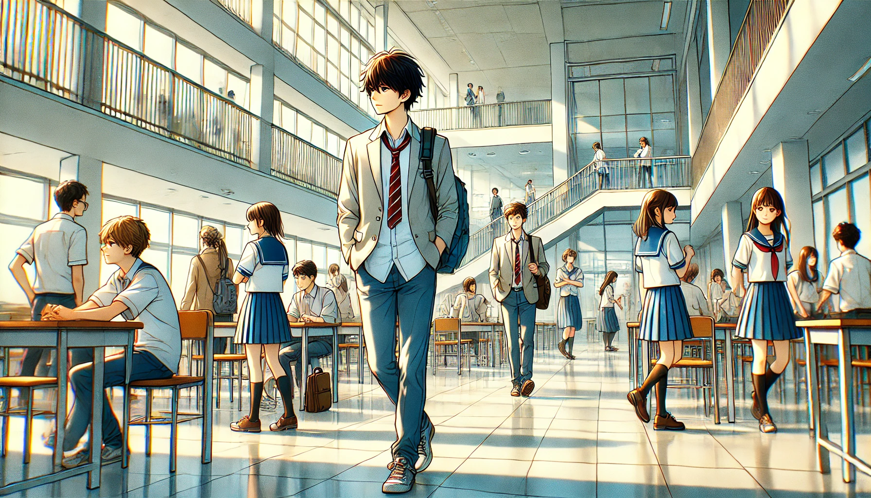 A scene of a high school in Japan where students are attending classes and moving around in casual clothing instead of uniforms, reflecting a relaxed school atmosphere. The campus is bright, with modern buildings and open spaces, showcasing the freedom and individual expression allowed in the school environment.