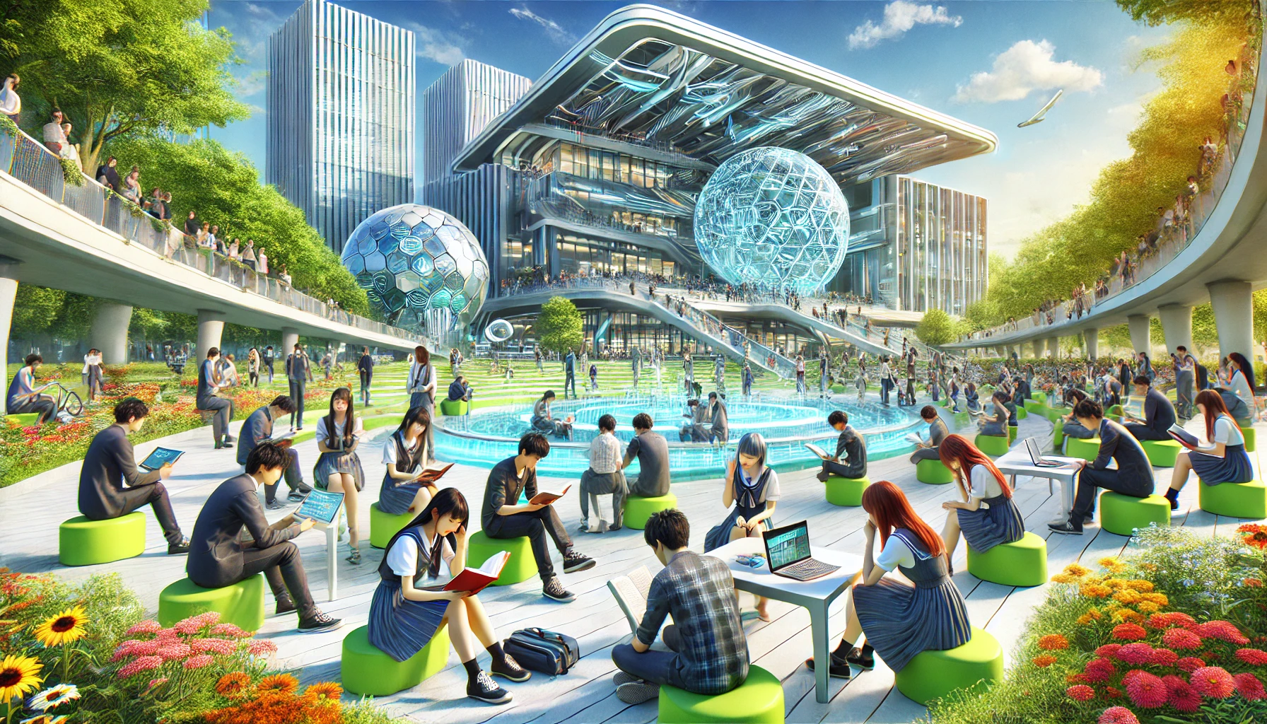 A vibrant scene of Japanese students at a futuristic university campus studying together outdoors. The university architecture is sleek and modern, representing the fusion of science and medicine. Some students are reading books and laptops, while others are engaged in discussions. The atmosphere is collaborative and innovative, reflecting the progressive nature of the university. The background features green spaces and advanced educational buildings.