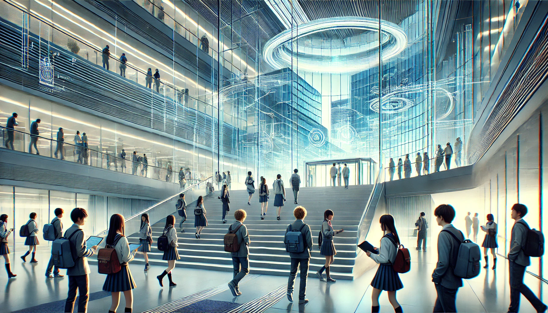 A dynamic scene of Japanese students entering a futuristic university building that represents the fusion of science and medicine. The architecture is sleek and innovative, with glass walls and advanced technological elements. Some students are holding notebooks and discussing, while others are entering for their studies. The environment feels progressive and academic, reflecting the entry into a new field of education.