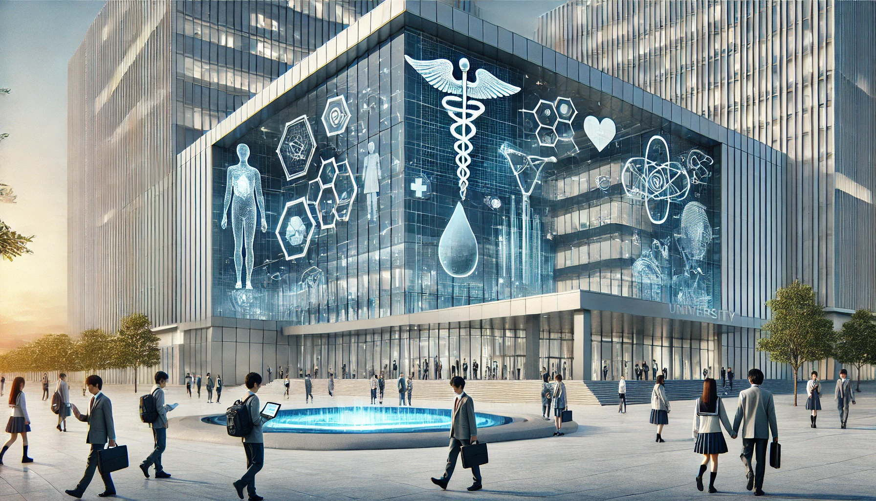 A modern university building that represents the fusion of science and medicine, with sleek architectural design, featuring symbols of both technological innovation and medical research. The structure is futuristic, with clean lines and glass facades. In front, Japanese students walking, holding laptops and books, with a calm and futuristic atmosphere reflecting future-oriented ideals.