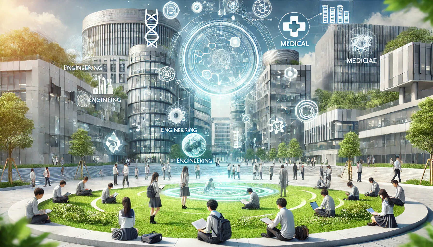 A futuristic university campus representing the fusion of science and medicine, showcasing both engineering and medical buildings with modern architecture. The scene captures green spaces, students studying together outside, and symbols of technological and medical innovation in a harmonious setting. The environment is clean, vibrant, and modern, reflecting the creation of new academic fields. The students are Japanese, wearing casual academic attire.