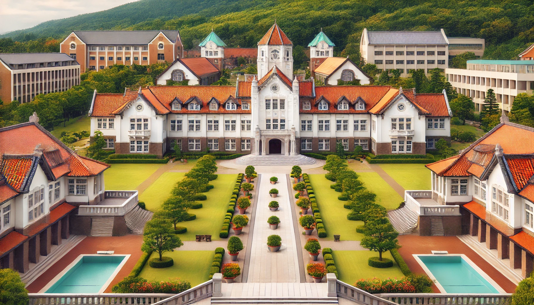 A wide image of a beautiful campus in Japan, with traditional architectural features inspired by Spanish Mission-style buildings. The campus is spacious, with green lawns, trees, and pathways leading to elegant, white buildings with red-tiled roofs, reflecting the charm of a prestigious university in Kansai. No people in the image.