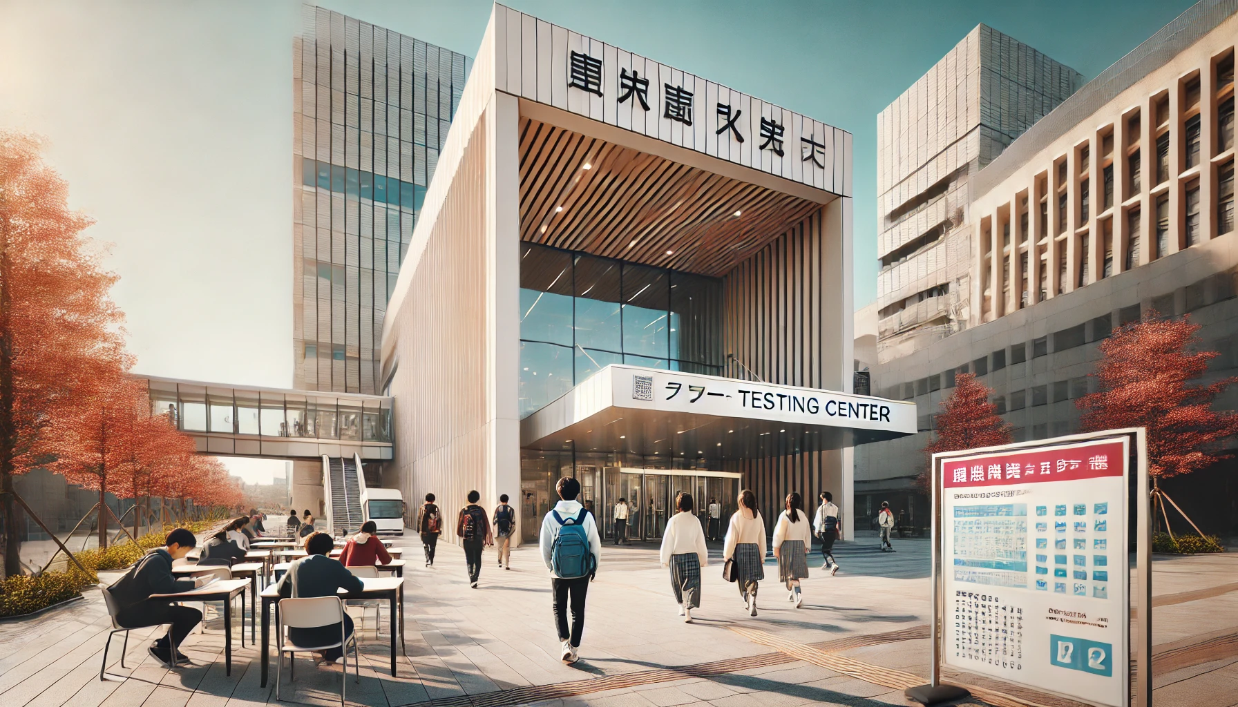 A wide image of a modern testing center located in a university campus in Japan, featuring a clean and organized building, students arriving to take exams. The setting is professional, with visible signage in Japanese and students walking towards the building. A vibrant but calm atmosphere in a sunny day.