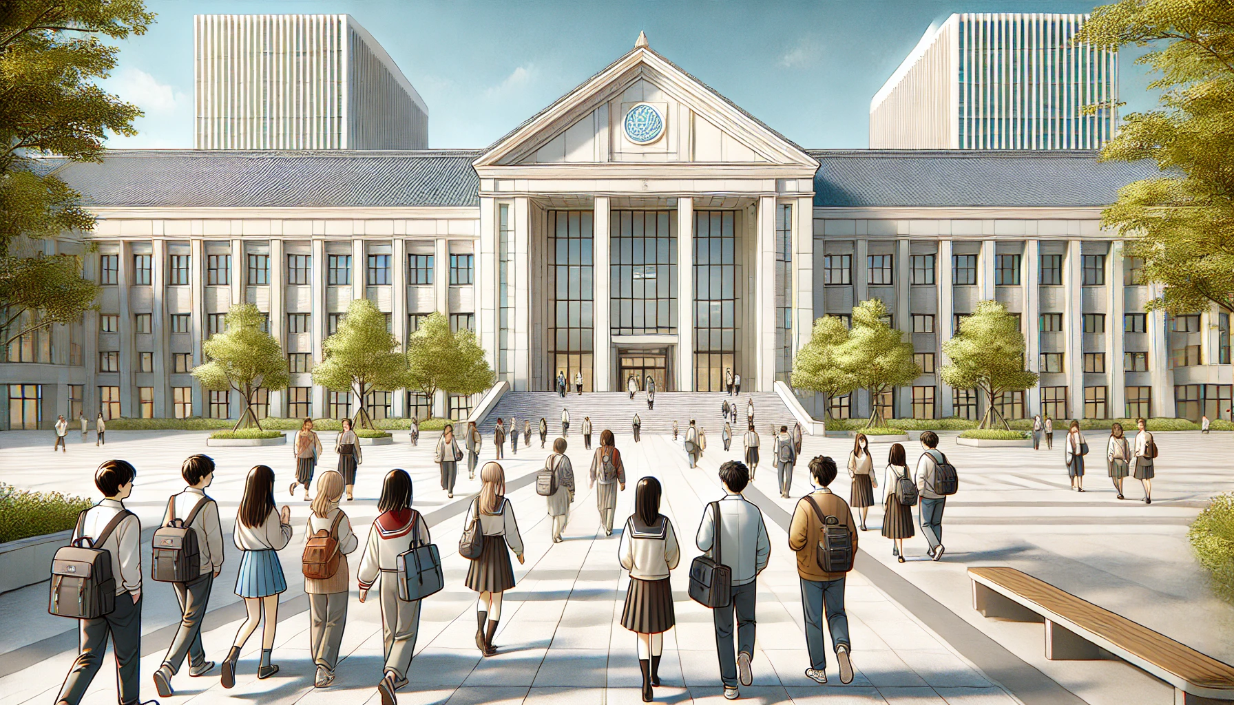 A wide image of a Japanese university campus with a beautiful modern building. A group of Japanese students, dressed casually, is seen walking towards the entrance, excited about starting classes. There are some trees and benches, and the architecture is clean and contemporary, reflecting the university's modern academic environment.