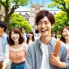 A joyful scene of Japanese university students enjoying their time at a Kansai university known for its beautiful Spanish-style architecture. They are walking along pathways lined with green trees and classic stone buildings. The students look happy and engaged, enjoying campus life.