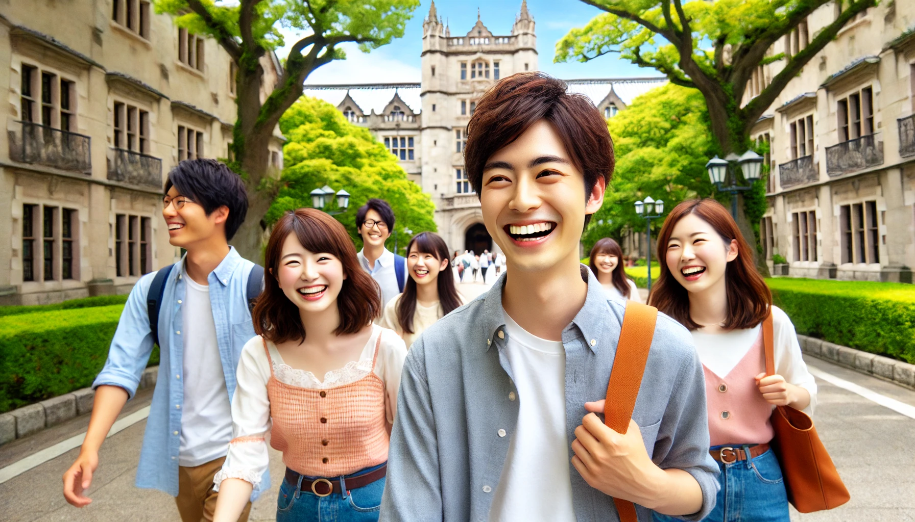 A joyful scene of Japanese university students enjoying their time at a Kansai university known for its beautiful Spanish-style architecture. They are walking along pathways lined with green trees and classic stone buildings. The students look happy and engaged, enjoying campus life.