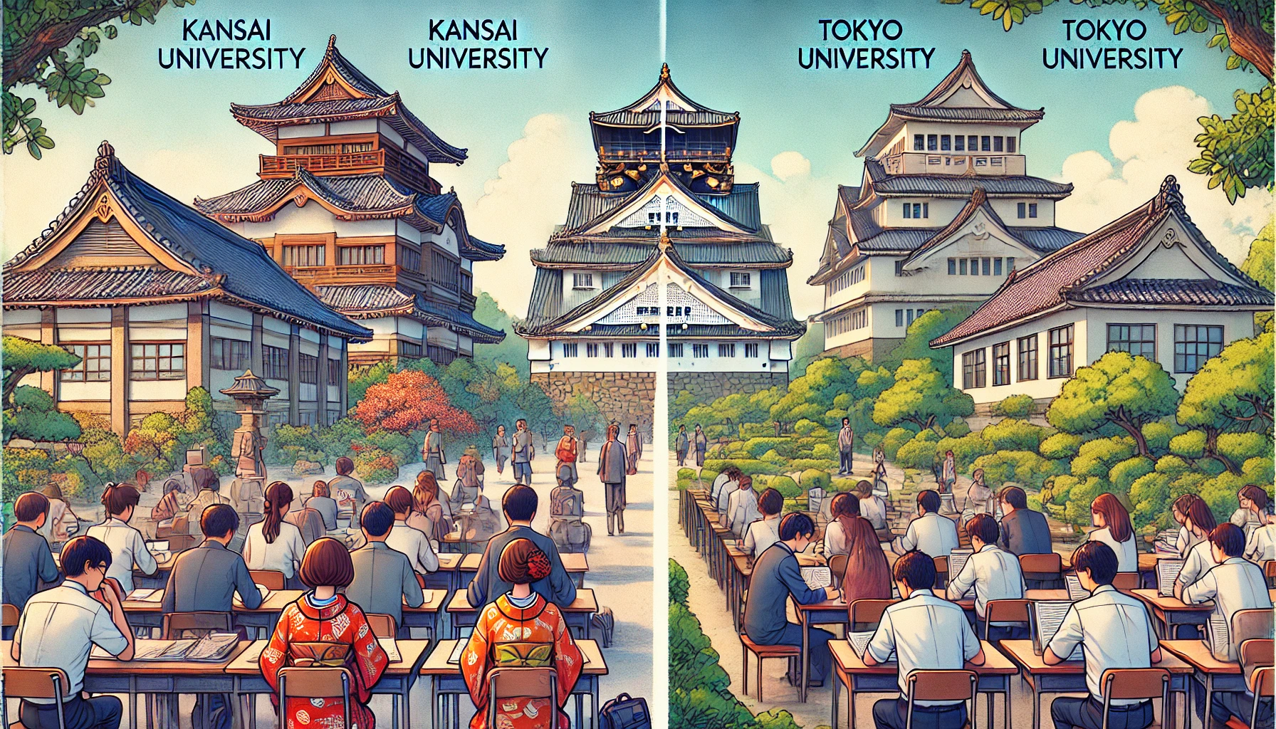 A comparative scene showing Kansai university and Tokyo university. On the left, students attending a popular law and international studies department in Kansai university. On the right, students attending a Tokyo university. Both groups are studying outdoors, with each university campus reflecting its local architecture and atmosphere.