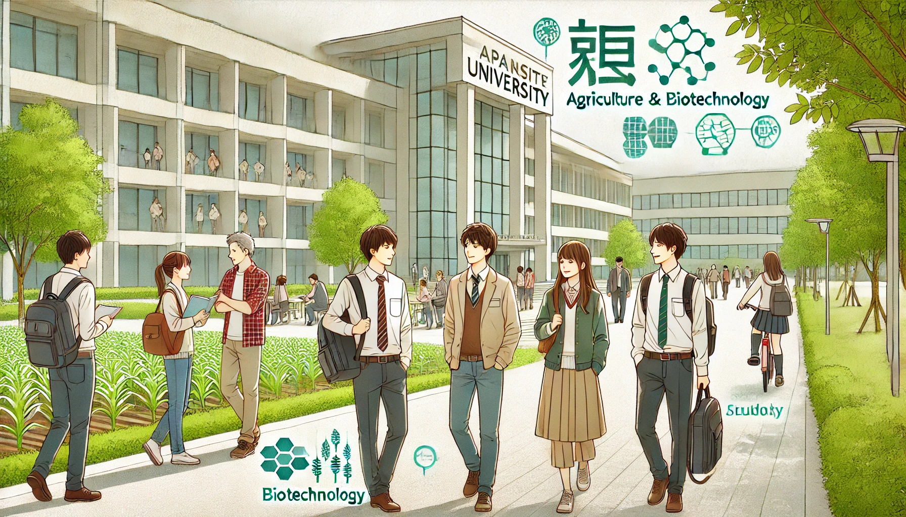 A Japanese university scene with students attending classes and discussing academic life. The students are walking around a campus filled with green trees and modern buildings, showing a supportive environment where they engage in agriculture and biotechnology studies. The focus is on their positive experience as they balance academic challenges and enjoy the overall campus life.