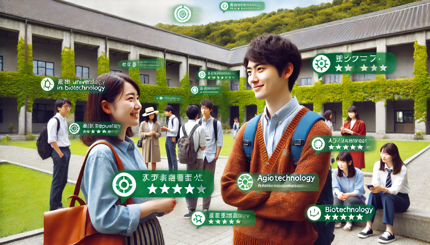 A dynamic university environment showcasing various student opinions. A Japanese student is engaging in conversations with peers in a green campus courtyard, discussing their views on the university's reputation in agriculture and biotechnology. The atmosphere reflects diverse feedback, with some positive reviews and others expressing concerns. The setting is casual yet thoughtful.