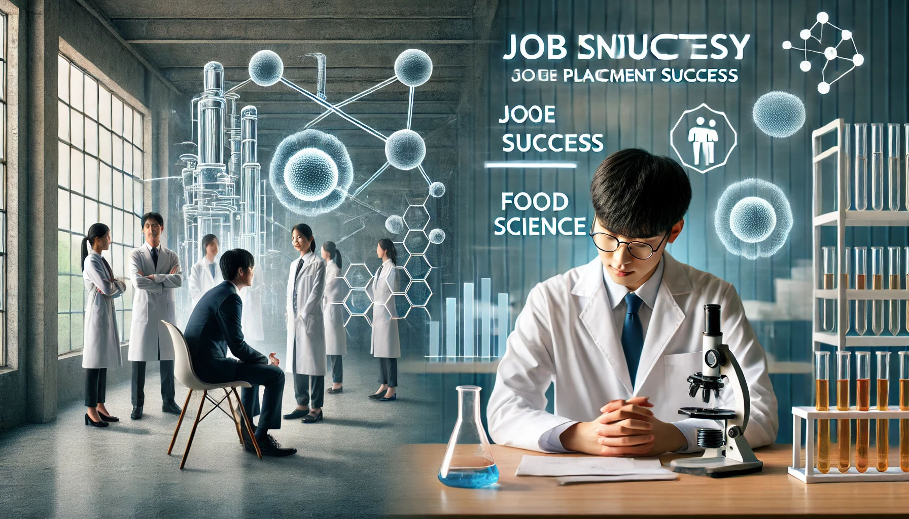 A modern university environment with a focus on career success in food industry and biotechnology fields. A Japanese student is attending a job interview or career counseling session, while another is in a laboratory setting working on food science. The atmosphere suggests contrasting views of the university, balancing its strong job placement success with critical evaluations.