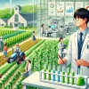 A modern university campus with students engaged in agricultural and biotechnology activities. The scene shows a Japanese student working in a laboratory, and another group of students in a field performing agricultural experiments. The environment looks green, fresh, and welcoming, representing a university highly praised by students interested in agriculture and biotechnology.