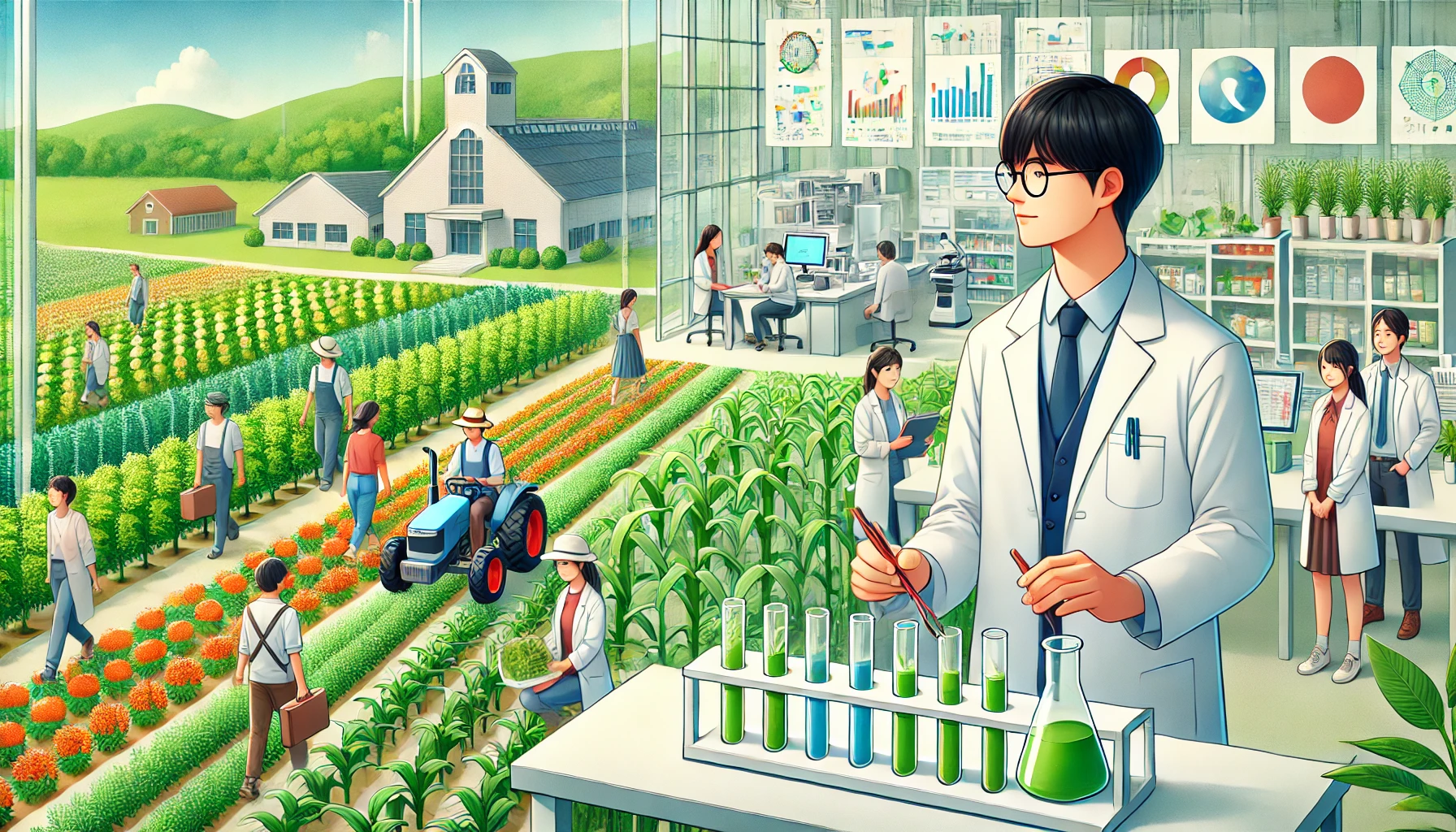 A modern university campus with students engaged in agricultural and biotechnology activities. The scene shows a Japanese student working in a laboratory, and another group of students in a field performing agricultural experiments. The environment looks green, fresh, and welcoming, representing a university highly praised by students interested in agriculture and biotechnology.