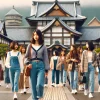 A group of Japanese female students wearing stylish, casual outfits walking and chatting on the campus of a prestigious all-girls university. The setting reflects both traditional and modern values, with students showing focus and discipline while also engaging in lively conversations. The campus features a mix of historical and contemporary architecture, symbolizing the balance between tradition and modernity in the university’s education.