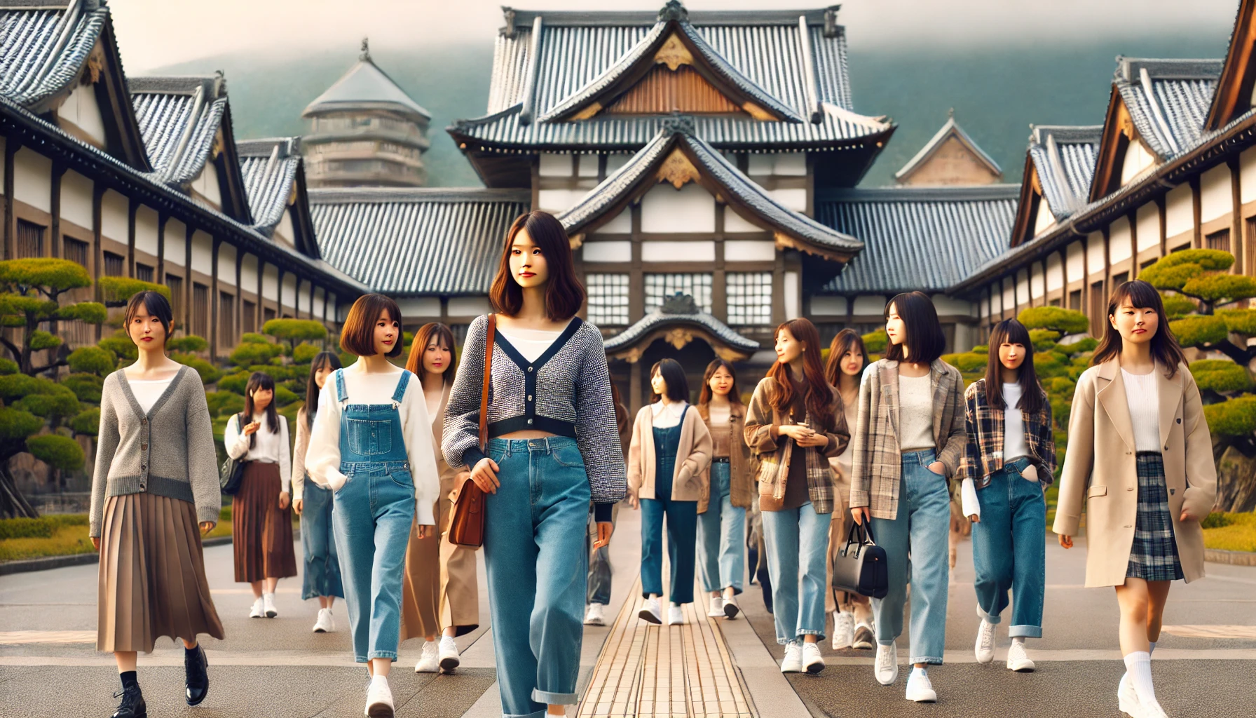 A group of Japanese female students wearing stylish, casual outfits walking and chatting on the campus of a prestigious all-girls university. The setting reflects both traditional and modern values, with students showing focus and discipline while also engaging in lively conversations. The campus features a mix of historical and contemporary architecture, symbolizing the balance between tradition and modernity in the university’s education.