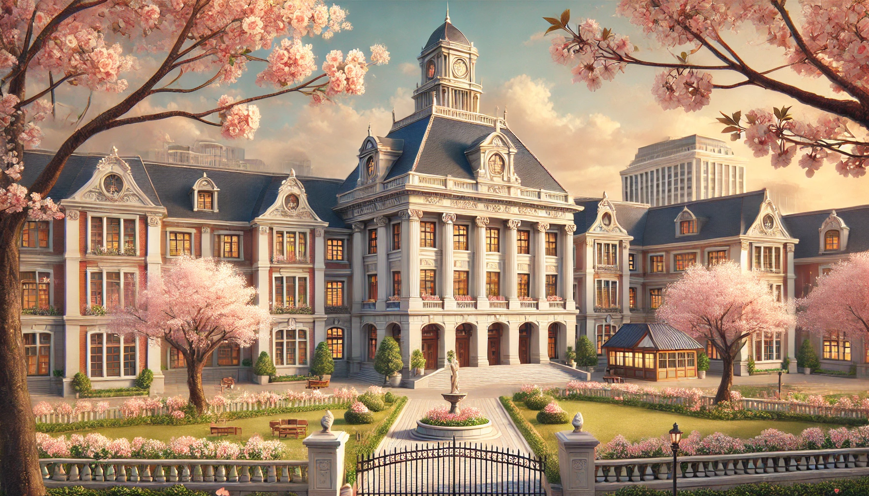 An elegant campus of a prestigious Japanese all-girls university with classical buildings and cherry blossom trees. The atmosphere feels traditional and serene, representing a school often misunderstood as being 'for rich girls' or 'an elite institution,' with beautiful scenery and a refined environment. The scene showcases a modern, well-maintained environment with a slight vintage feel.