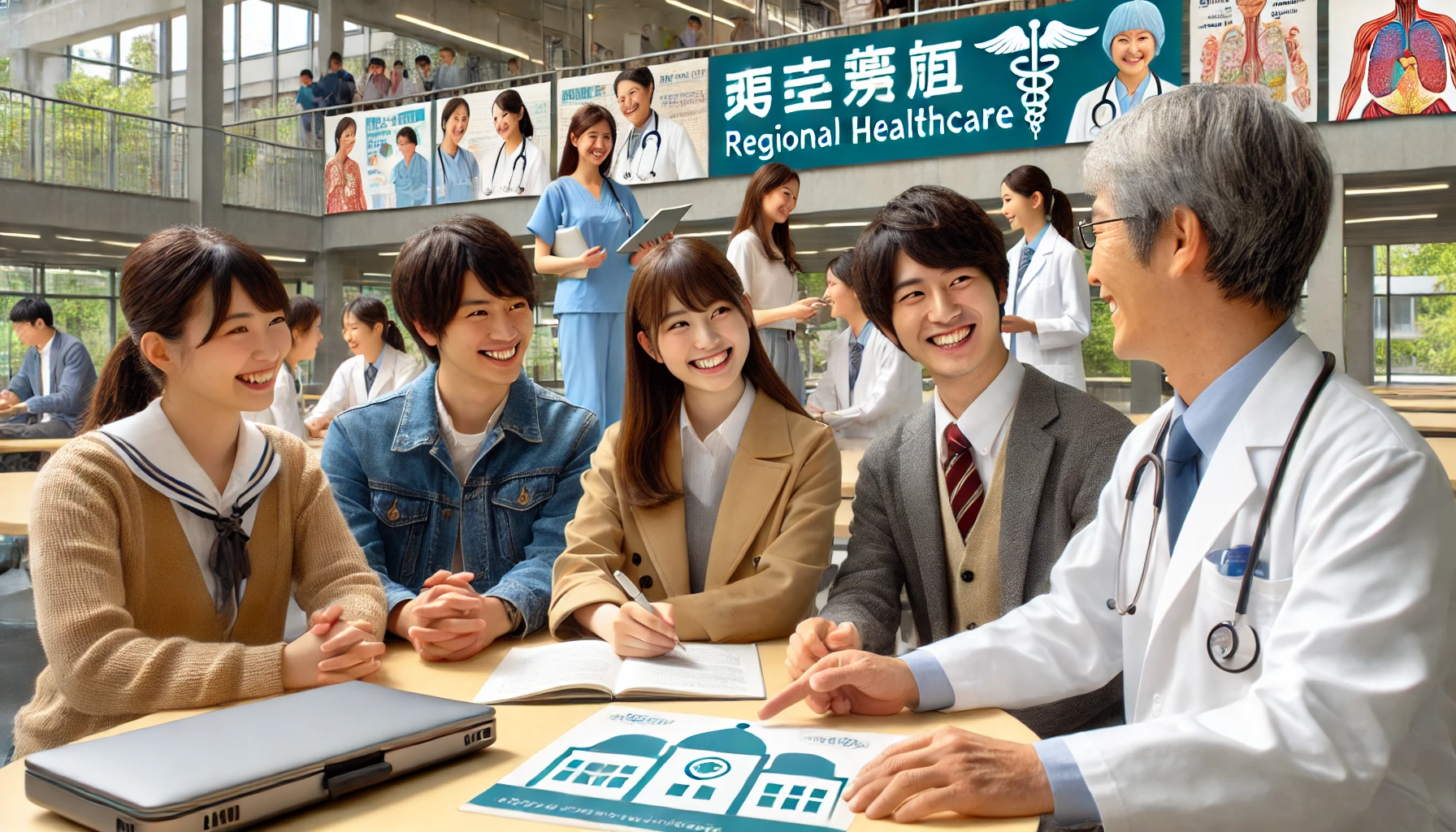 A university campus setting with happy, engaged Japanese students studying and interacting with professors. The atmosphere is positive and collaborative, showing students enjoying their education while learning about regional healthcare. The background includes a well-kept campus with medical-themed posters, reflecting the students' dedication to regional healthcare education.