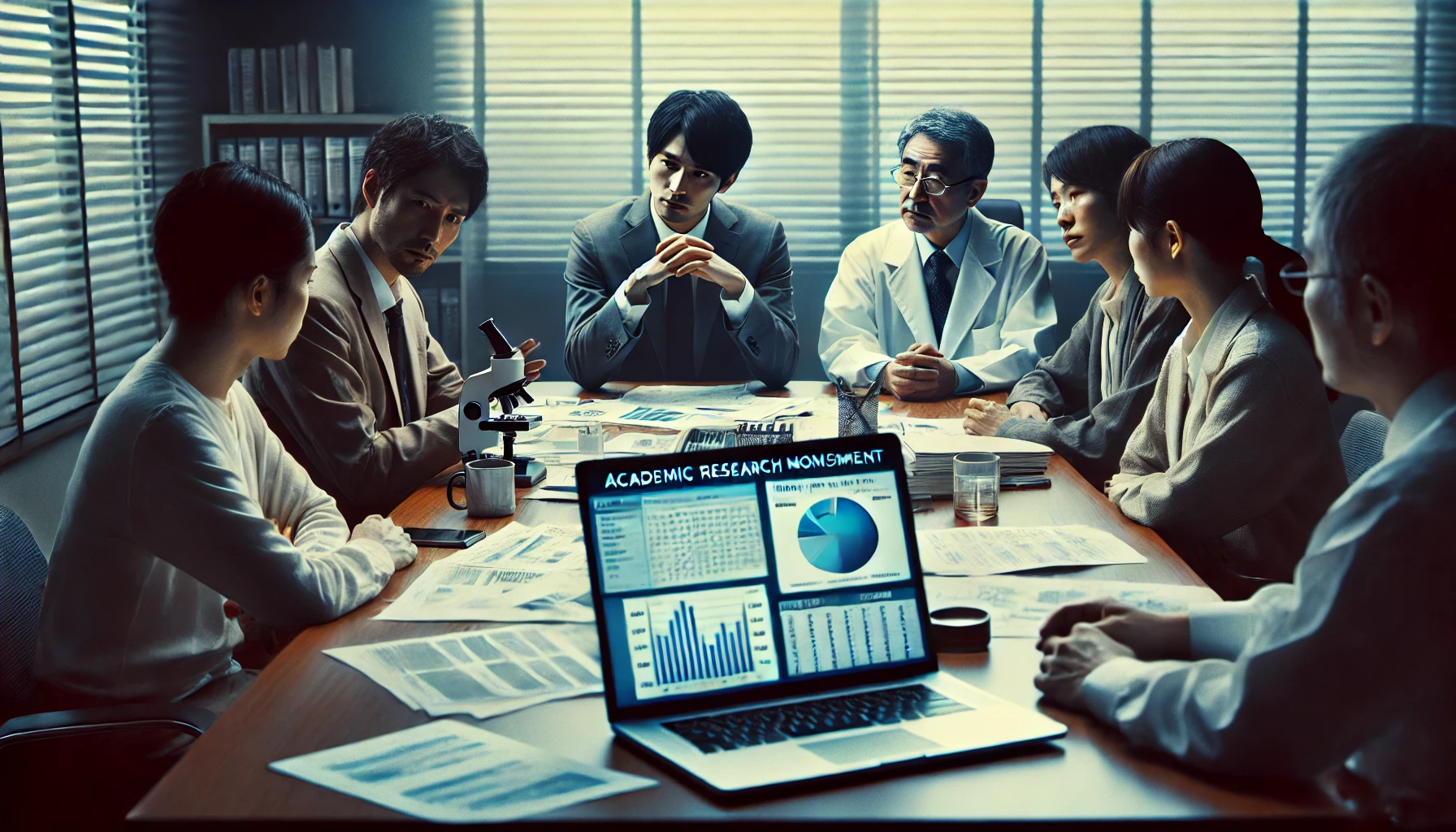 A university research facility showing Japanese professors and students involved in an intense discussion. The focus is on a laptop displaying research data. The mood is serious, reflecting academic research misconduct in the past. Papers and documents are scattered across the table, and the room has an air of tension and concern. This image highlights the aftermath of a university's research scandal.