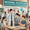 A university campus scene with students discussing healthcare and community support in a classroom setting. Japanese students are interacting with professors and medical staff. Posters and educational materials around the room focus on regional healthcare. The atmosphere is positive and engaged, reflecting a university known for its strong commitment to regional healthcare education and special admissions for local students.