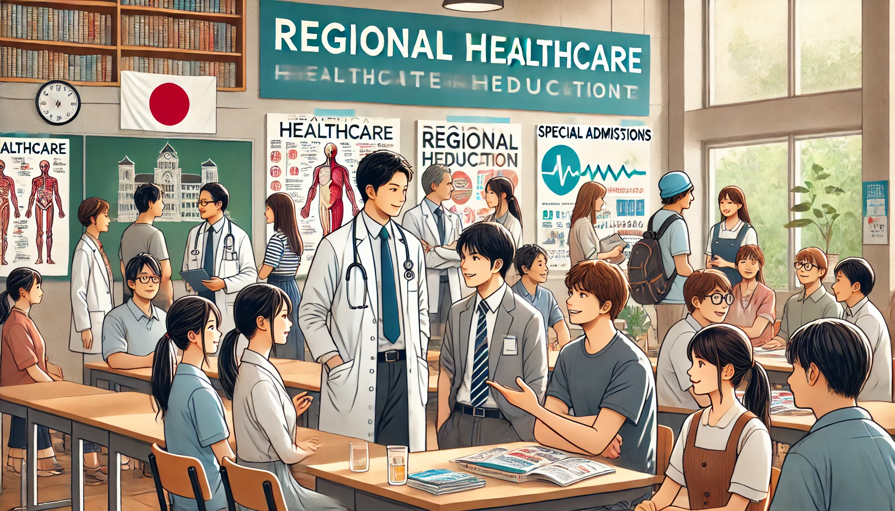 A university campus scene with students discussing healthcare and community support in a classroom setting. Japanese students are interacting with professors and medical staff. Posters and educational materials around the room focus on regional healthcare. The atmosphere is positive and engaged, reflecting a university known for its strong commitment to regional healthcare education and special admissions for local students.