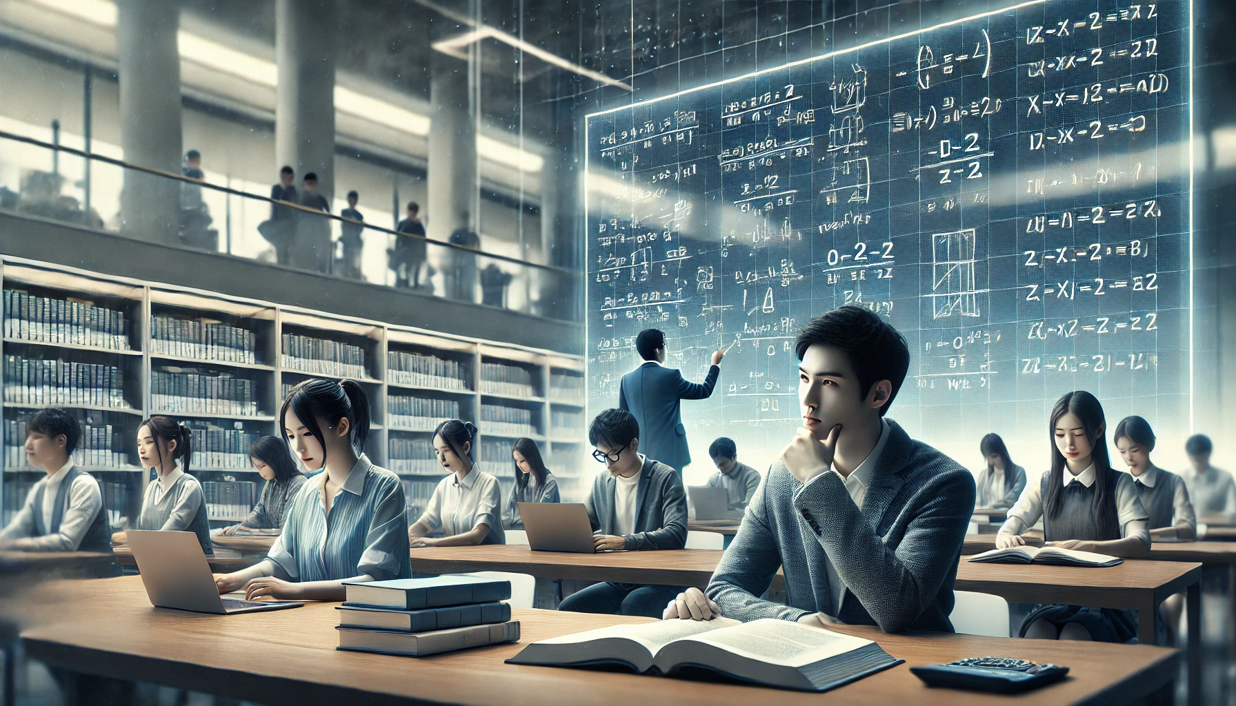 A challenging Japanese university where students are required to score high across multiple subjects. The image depicts students sitting in a modern library, focusing intensely on their studies with textbooks and laptops. A professor in the background reviews complex equations on a large board, symbolizing the need for analytical thinking and logical problem-solving. The atmosphere is studious and serious.