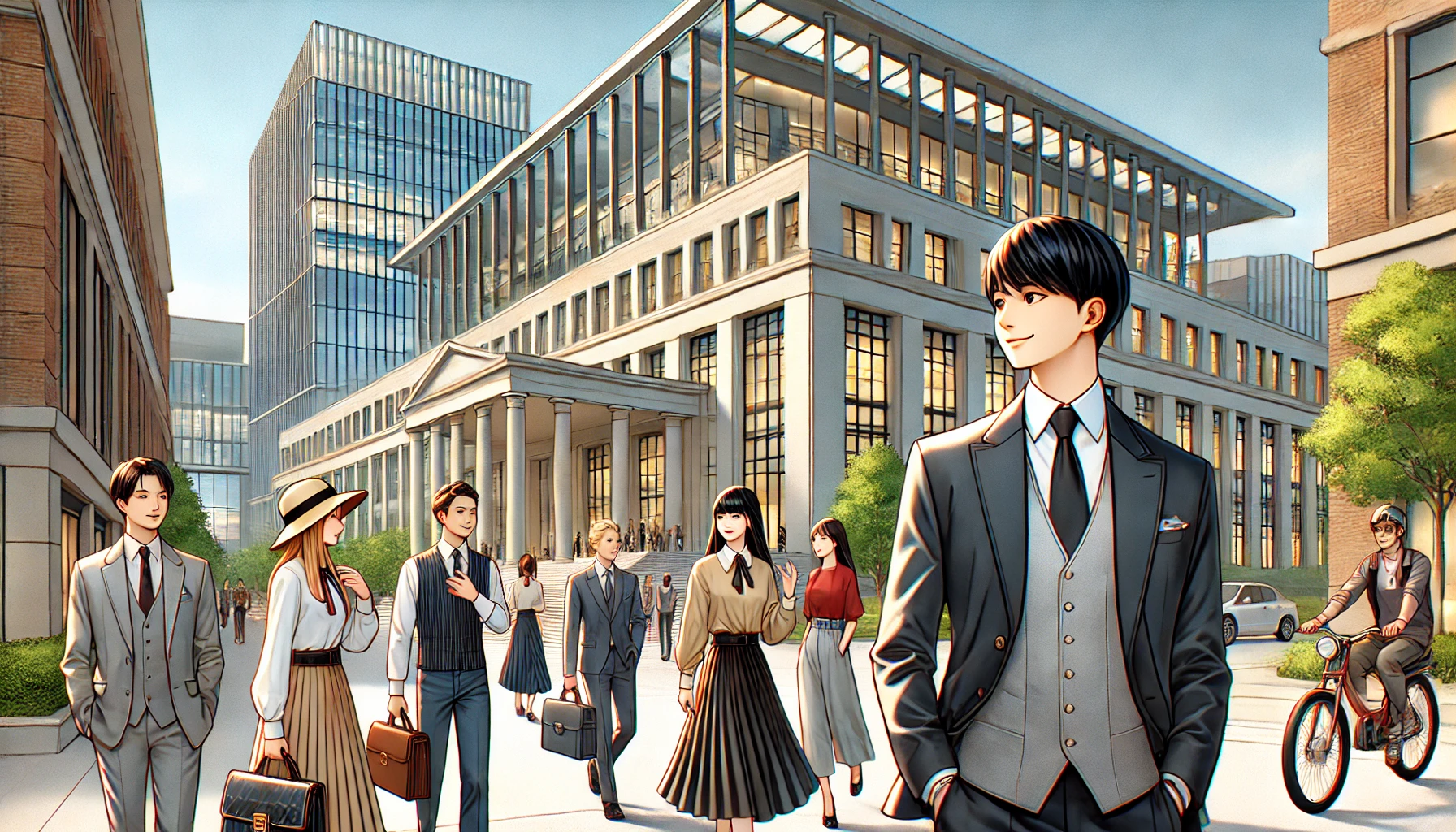 A modern university campus setting with luxurious buildings and wealthy students dressed in stylish, high-end clothing. The atmosphere should reflect affluence and prestige, with a focus on the high cost of education. Japanese students are seen interacting, with one group discussing while another walks toward a large academic building. The background features a sleek, contemporary building that suggests a prestigious academic institution.