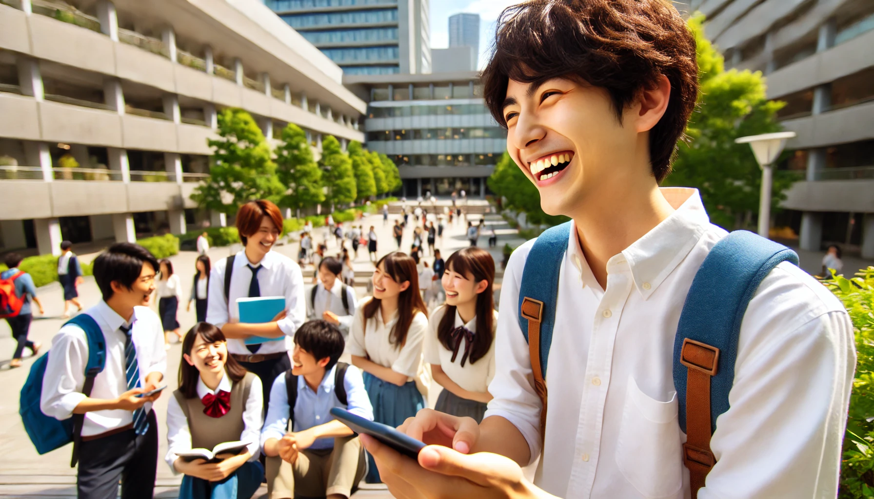 A joyful university campus scene with students, especially focusing on those studying in the science and engineering departments. The Japanese students are seen enjoying their campus life, interacting in a positive and collaborative environment. The image should reflect a lively and welcoming atmosphere, with students laughing, studying outdoors, and walking through the campus pathways, surrounded by modern buildings that hint at advanced academic facilities.